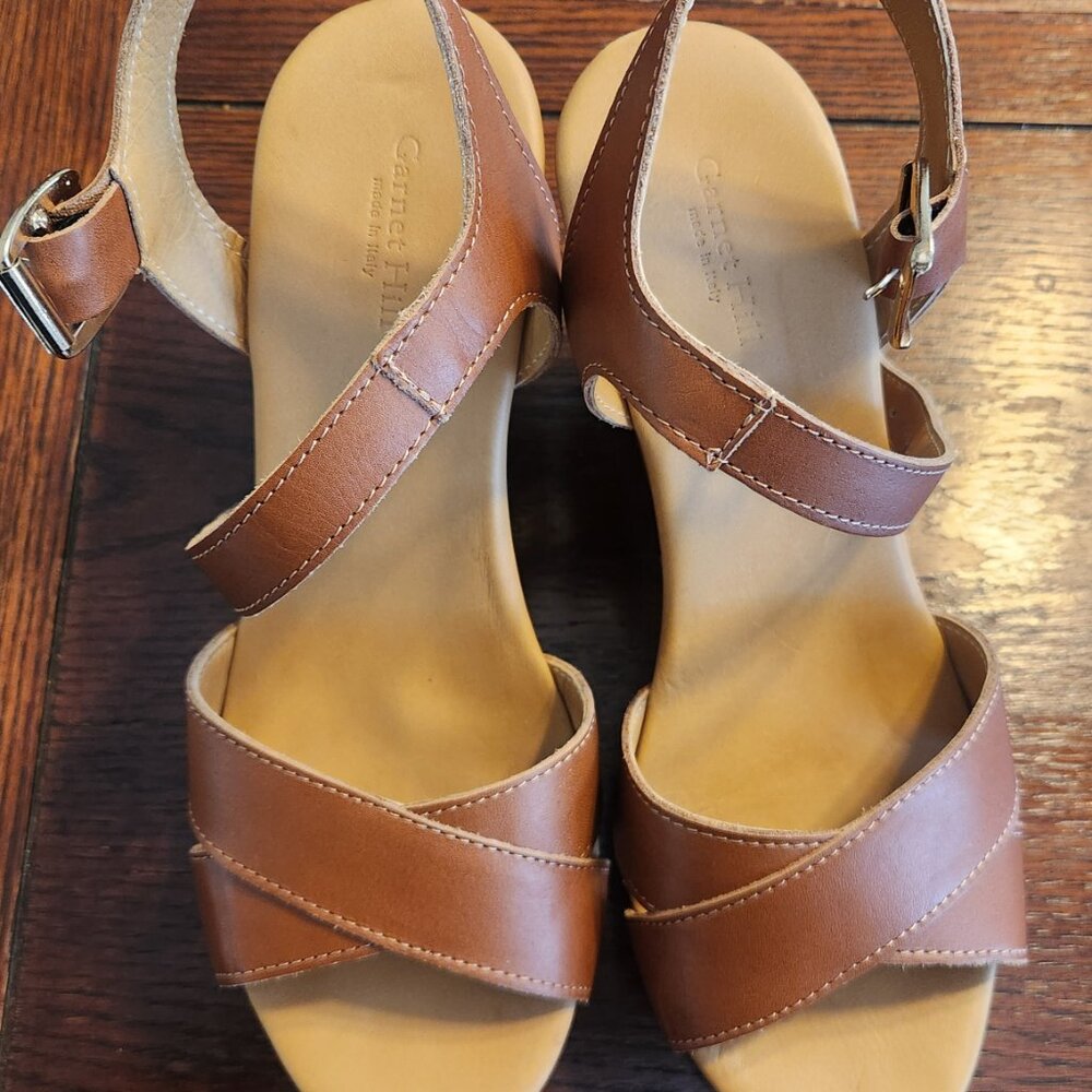 Garnet Hill Italian Leather Caramel Color Wedge Sandals - Picture 8 of 9